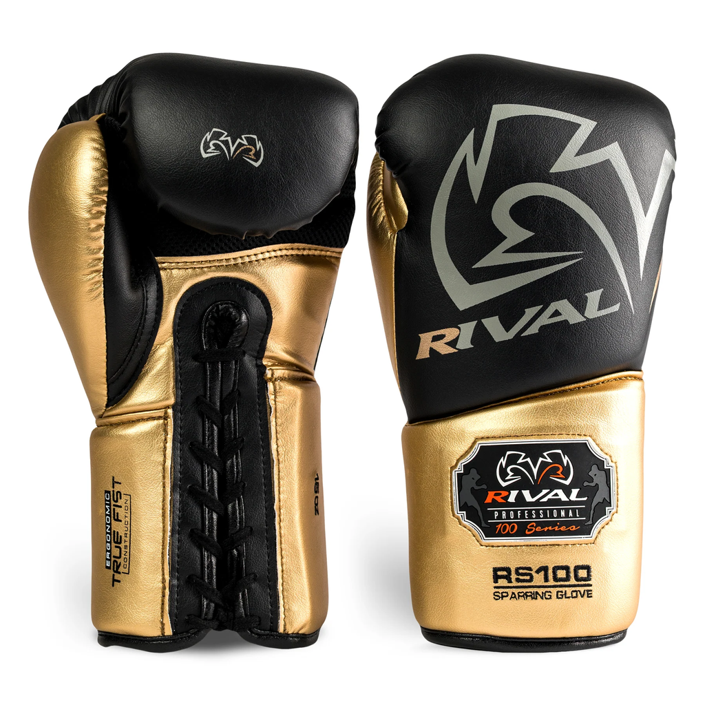 Rival Boxhandschuhe RS100 Professional Sparring mit Schnürung, Schwarz-Gold