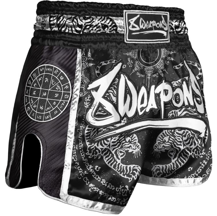 8Weapons Muay Thai Shorts Carbon Sak Yant Tigers, Black