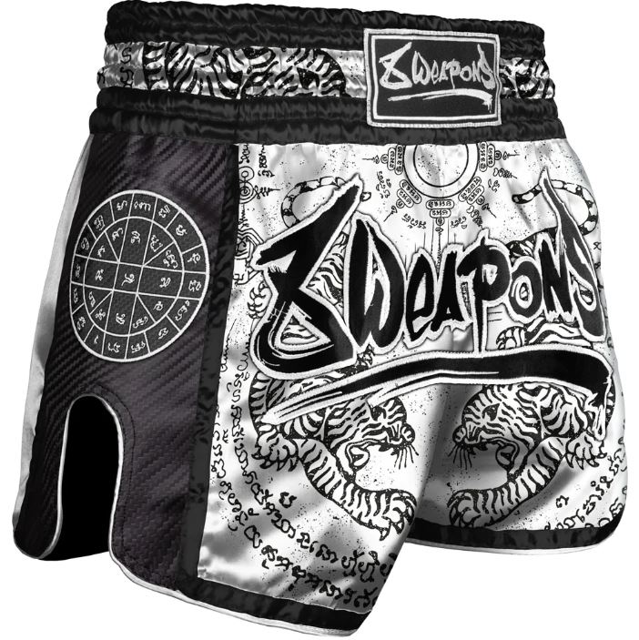 8Weapons Muay Thai Shorts Carbon Sak Yant Tigers, White