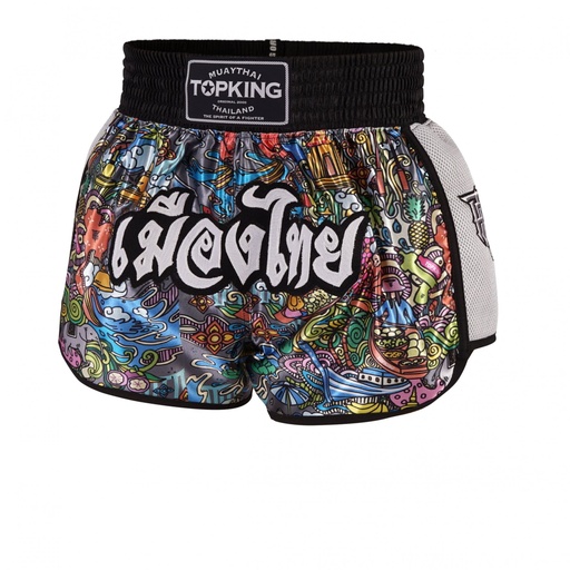 Top King Muay Thai Shorts TKTBS-224-WH, White-Multicolored