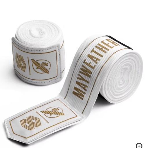 [BBMS-HE-W-GO-4-5] Hayabusa Boxbandagen Mayweather Stretch 4,5m Halbelastisch, Weiß-Gold